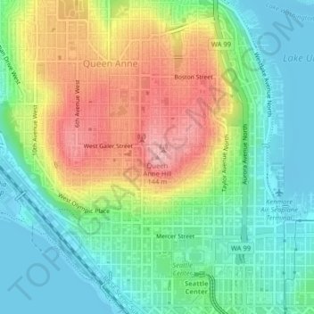 Queen Anne Hillの地形図、標高、地勢