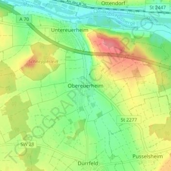 Obereuerheimの地形図、標高、地勢