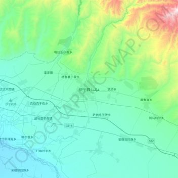 伊宁县の地形図、標高、地勢