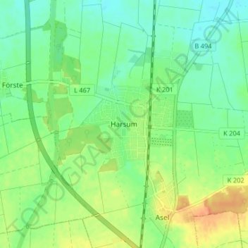 Harsumの地形図、標高、地勢