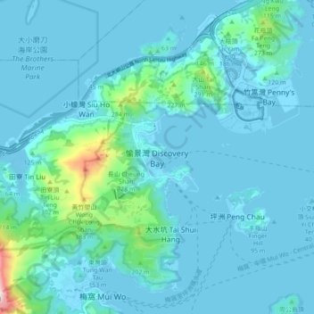 愉景灣 Discovery Bayの地形図、標高、地勢