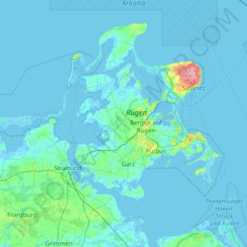 Rügenの地形図、標高、地勢