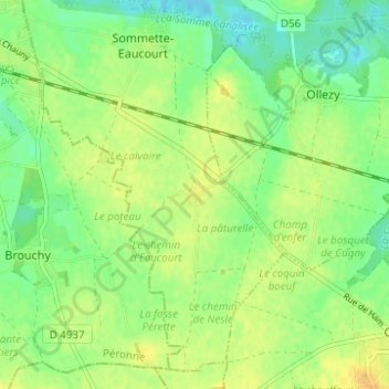 Eaucourtの地形図、標高、地勢