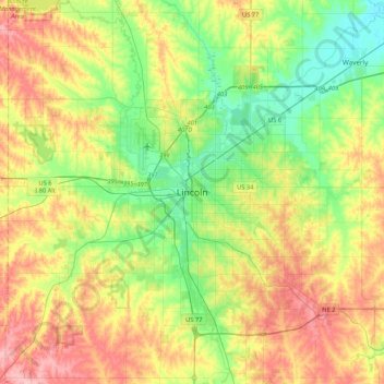 Lincolnの地形図、標高、地勢