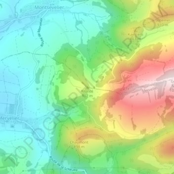Moncéの地形図、標高、地勢