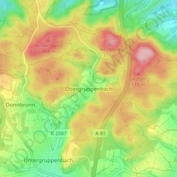 Obergruppenbachの地形図、標高、地勢