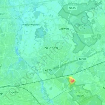 Nuenenの地形図、標高、地勢