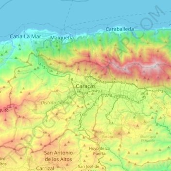 Caracasの地形図、標高、地勢