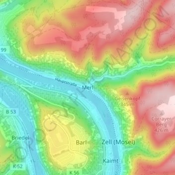 Merlの地形図、標高、地勢