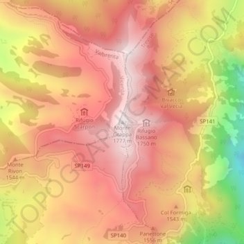 Monte Grappaの地形図、標高、地勢