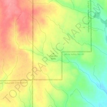 Cypress Hillsの地形図、標高、地勢