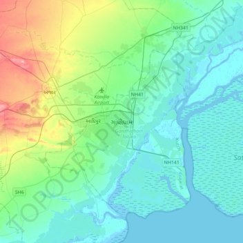Gandhidhamの地形図、標高、地勢