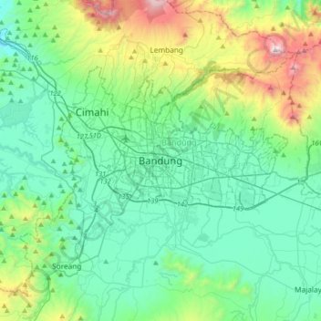 Bandungの地形図、標高、地勢