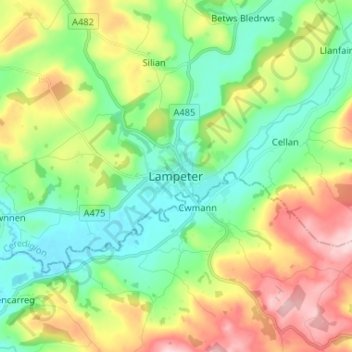 Lampeterの地形図、標高、地勢