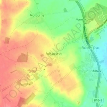 Folksworthの地形図、標高、地勢