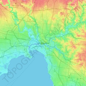 Melbourneの地形図、標高、地勢