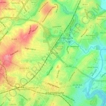 Greenfieldsの地形図、標高、地勢