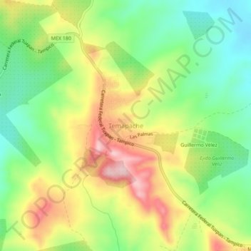 Temapacheの地形図、標高、地勢