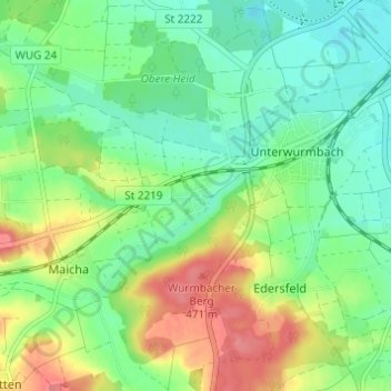 Oberwurmbachの地形図、標高、地勢