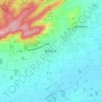 Westrupの地形図、標高、地勢
