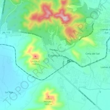 Tlajomulcoの地形図、標高、地勢