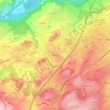 Branchyの地形図、標高、地勢