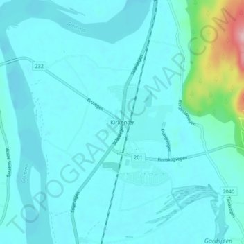 Kirkenærの地形図、標高、地勢