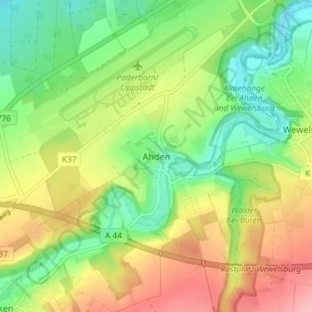 Ahdenの地形図、標高、地勢