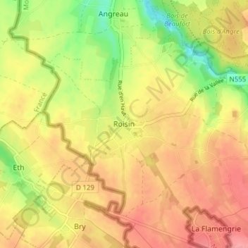 Roisinの地形図、標高、地勢