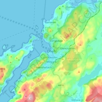 Obanの地形図、標高、地勢