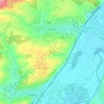 Wernauの地形図、標高、地勢