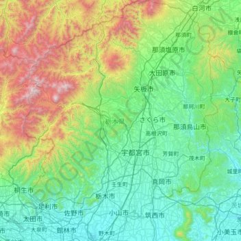 栃木県の地形図、標高、地勢