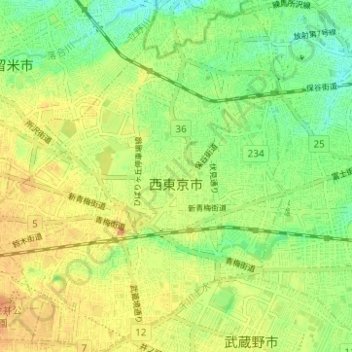 西東京市の地形図、標高、地勢