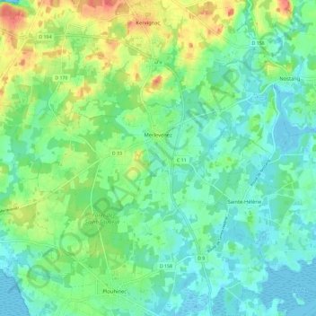 Merlevenezの地形図、標高、地勢