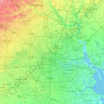 ヒューストンの地形図、標高、地勢