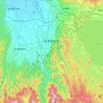 会津若松市の地形図、標高、地勢