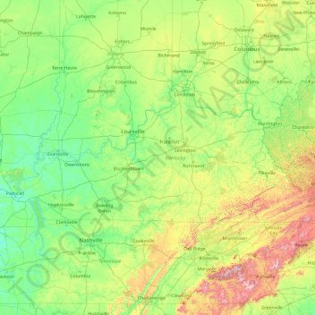 ケンタッキー州の地形図、標高、地勢