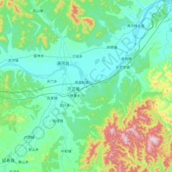 方正県の地形図、標高、地勢