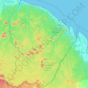 仏領ギアナの地形図、標高、地勢