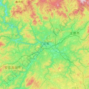 三次市の地形図、標高、地勢