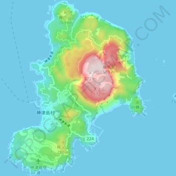 神津島の地形図、標高、地勢