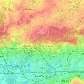 Saint-Ghislainの地形図、標高、地勢