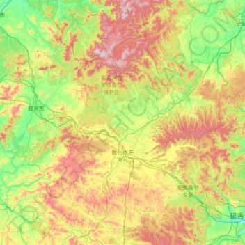 敦化市の地形図、標高、地勢