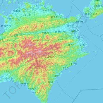 徳島県の地形図、標高、地勢