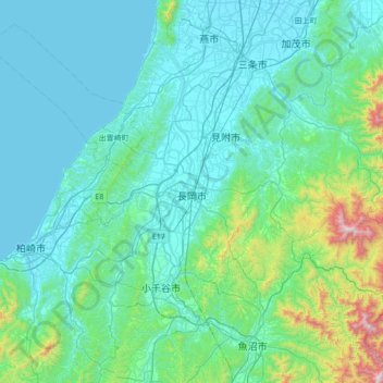 長岡市の地形図、標高、地勢