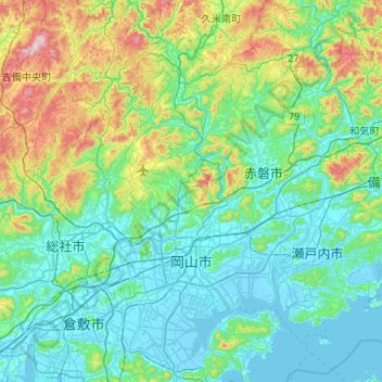 岡山市の地形図、標高、地勢