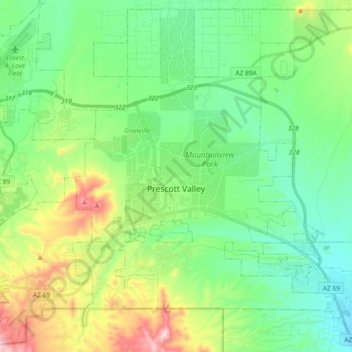 Prescott Valleyの地形図、標高、地勢