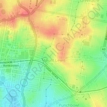 Mount Lewisの地形図、標高、地勢