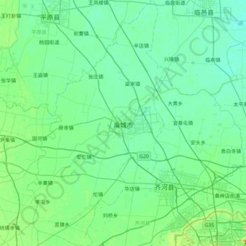 禹城市の地形図、標高、地勢