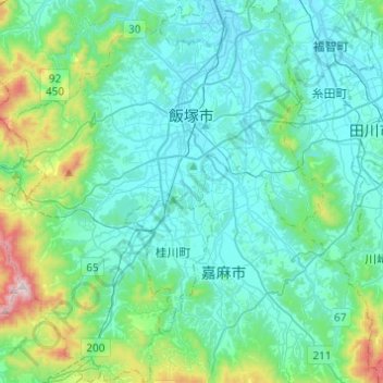 飯塚市の地形図、標高、地勢